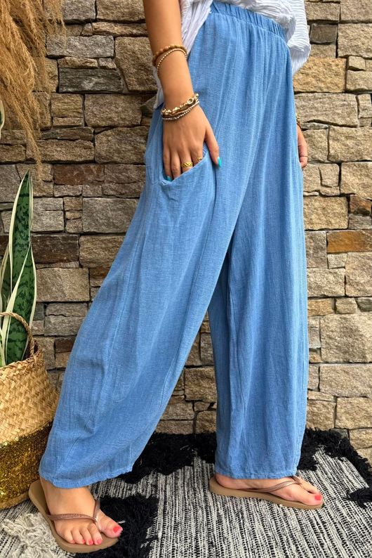 Lina Linen Blend Barrel Pant Washed Denim